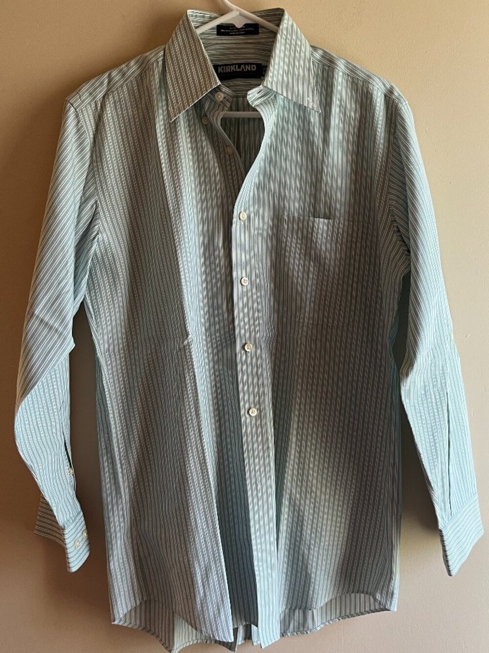 Kirkland Costco Green white striped dress shirt preppy easter office work golf